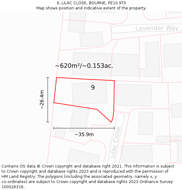 9, LILAC CLOSE, BOURNE, PE10 9TS: Plot and title map