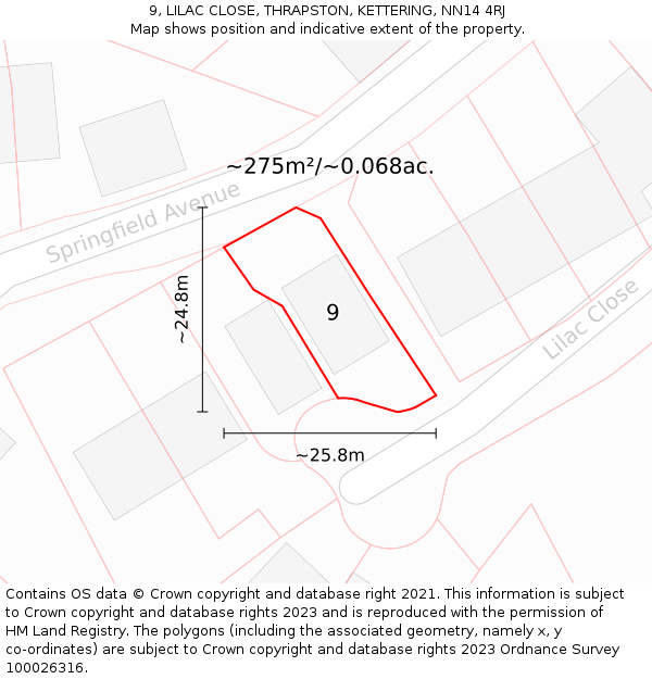 9, LILAC CLOSE, THRAPSTON, KETTERING, NN14 4RJ: Plot and title map