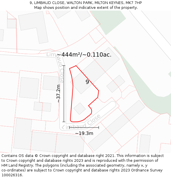 9, LIMBAUD CLOSE, WALTON PARK, MILTON KEYNES, MK7 7HP: Plot and title map