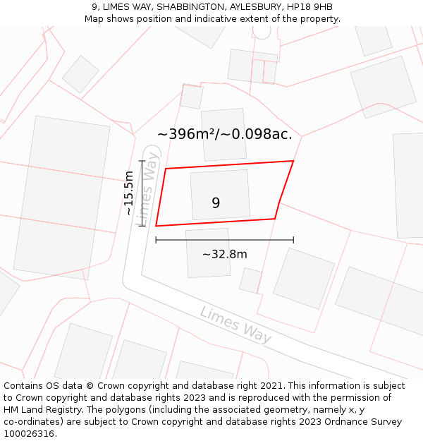 9, LIMES WAY, SHABBINGTON, AYLESBURY, HP18 9HB: Plot and title map