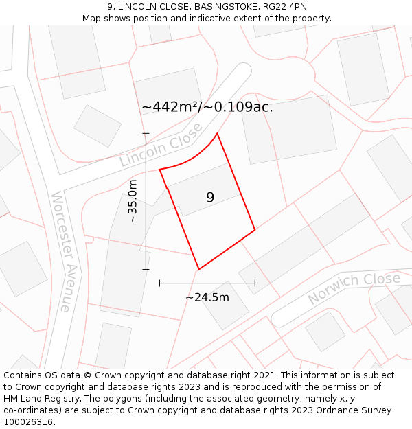 9, LINCOLN CLOSE, BASINGSTOKE, RG22 4PN: Plot and title map