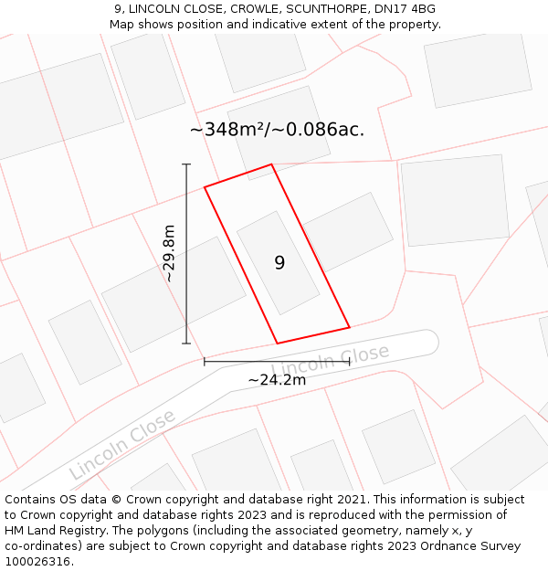 9, LINCOLN CLOSE, CROWLE, SCUNTHORPE, DN17 4BG: Plot and title map