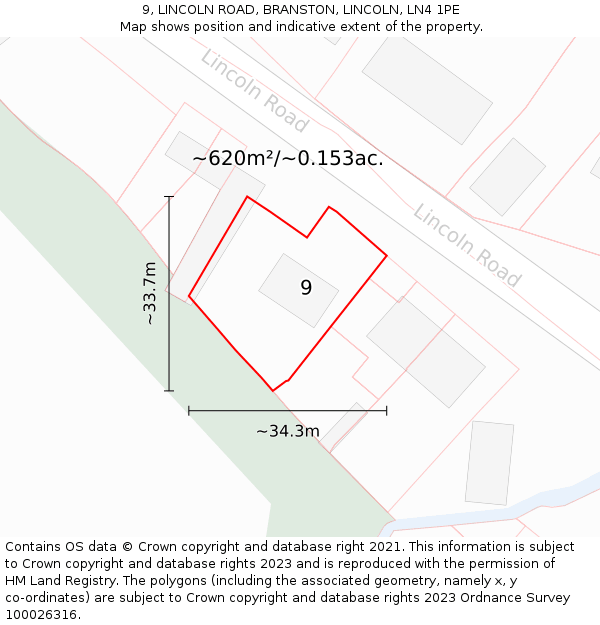 9, LINCOLN ROAD, BRANSTON, LINCOLN, LN4 1PE: Plot and title map