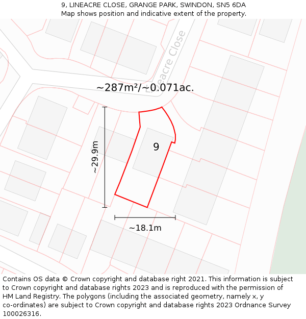 9, LINEACRE CLOSE, GRANGE PARK, SWINDON, SN5 6DA: Plot and title map