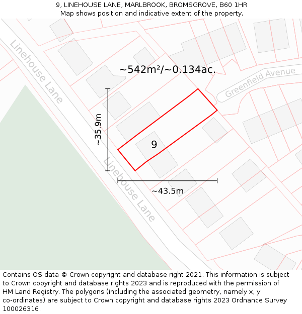 9, LINEHOUSE LANE, MARLBROOK, BROMSGROVE, B60 1HR: Plot and title map