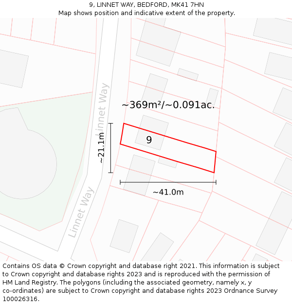 9, LINNET WAY, BEDFORD, MK41 7HN: Plot and title map