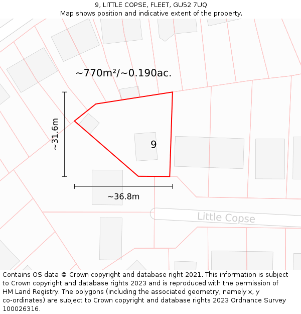 9, LITTLE COPSE, FLEET, GU52 7UQ: Plot and title map