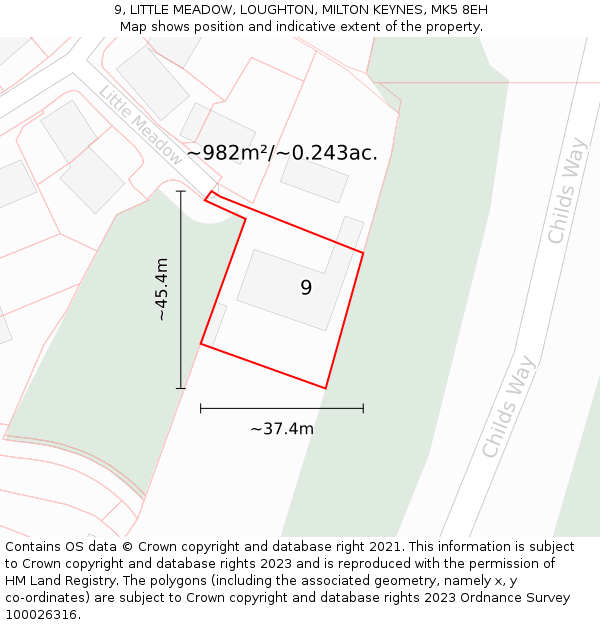 9, LITTLE MEADOW, LOUGHTON, MILTON KEYNES, MK5 8EH: Plot and title map