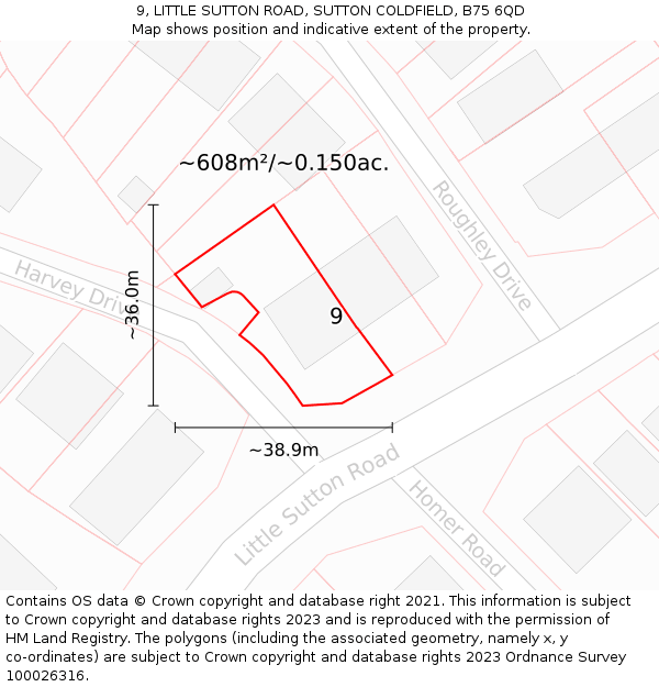 9, LITTLE SUTTON ROAD, SUTTON COLDFIELD, B75 6QD: Plot and title map
