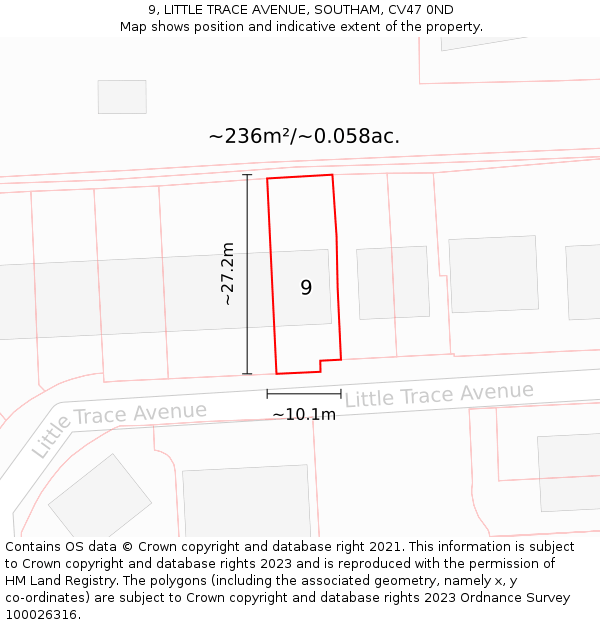 9, LITTLE TRACE AVENUE, SOUTHAM, CV47 0ND: Plot and title map