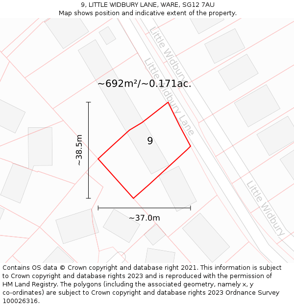 9, LITTLE WIDBURY LANE, WARE, SG12 7AU: Plot and title map