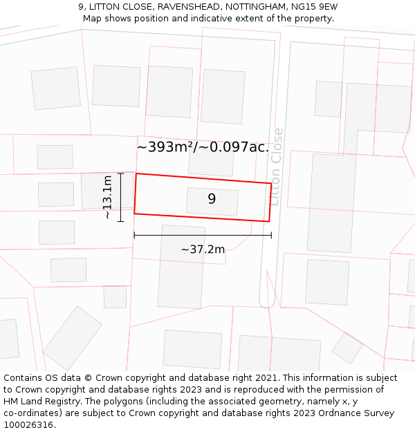 9, LITTON CLOSE, RAVENSHEAD, NOTTINGHAM, NG15 9EW: Plot and title map
