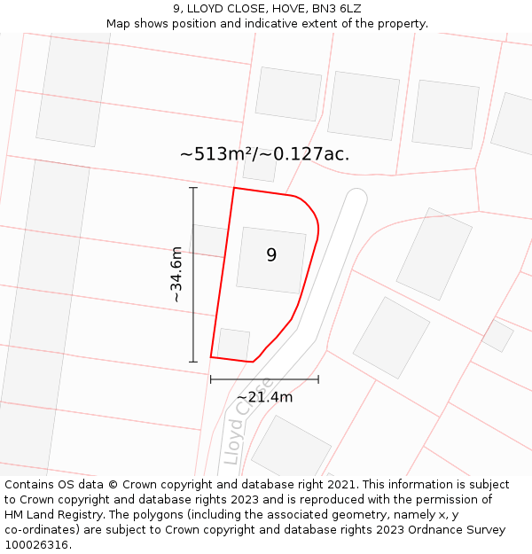 9, LLOYD CLOSE, HOVE, BN3 6LZ: Plot and title map