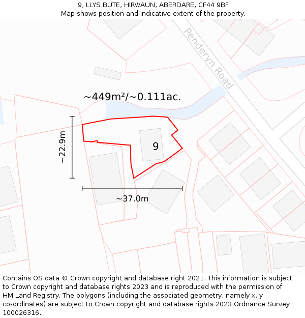 9, LLYS BUTE, HIRWAUN, ABERDARE, CF44 9BF: Plot and title map