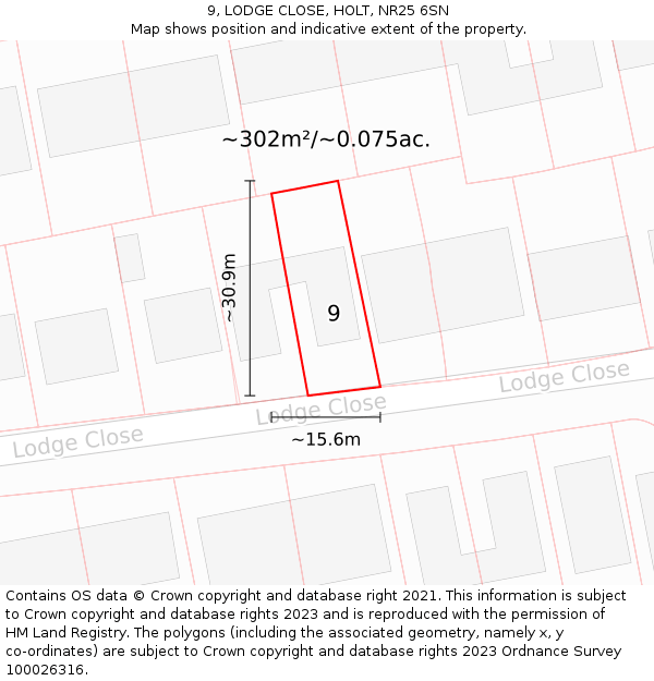 9, LODGE CLOSE, HOLT, NR25 6SN: Plot and title map