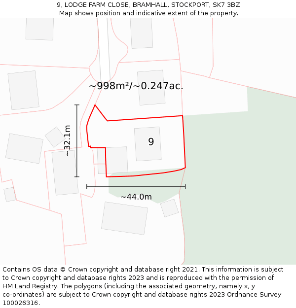 9, LODGE FARM CLOSE, BRAMHALL, STOCKPORT, SK7 3BZ: Plot and title map