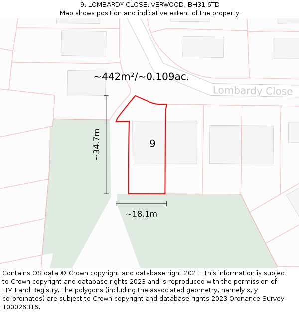 9, LOMBARDY CLOSE, VERWOOD, BH31 6TD: Plot and title map