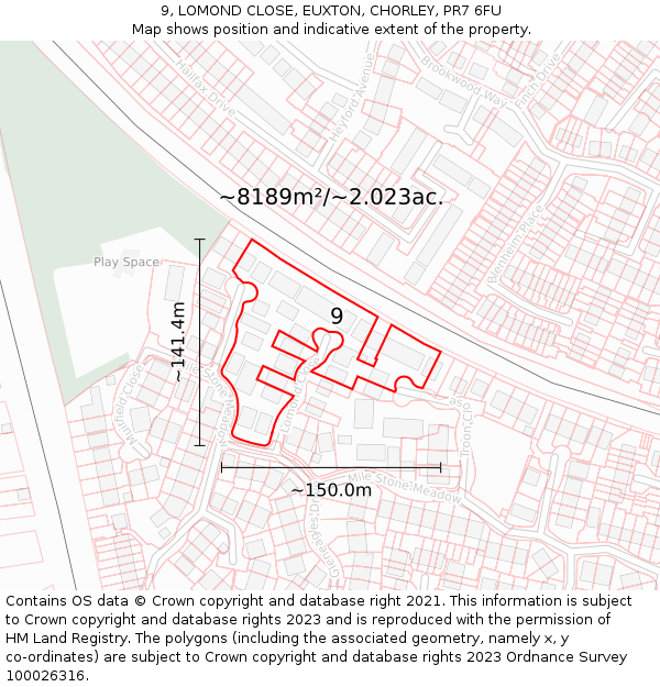 9, LOMOND CLOSE, EUXTON, CHORLEY, PR7 6FU: Plot and title map