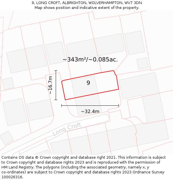 9, LONG CROFT, ALBRIGHTON, WOLVERHAMPTON, WV7 3DN: Plot and title map