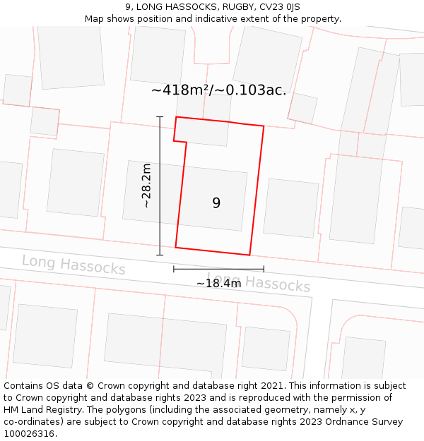 9, LONG HASSOCKS, RUGBY, CV23 0JS: Plot and title map