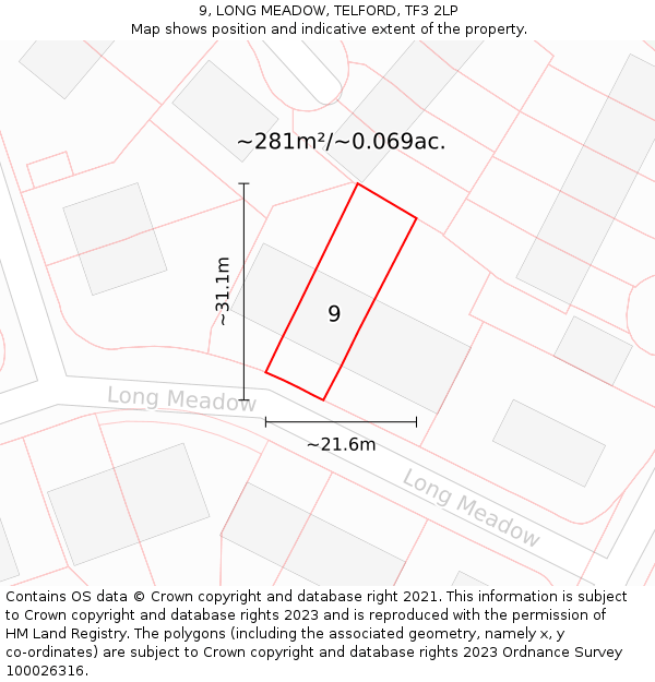 9, LONG MEADOW, TELFORD, TF3 2LP: Plot and title map