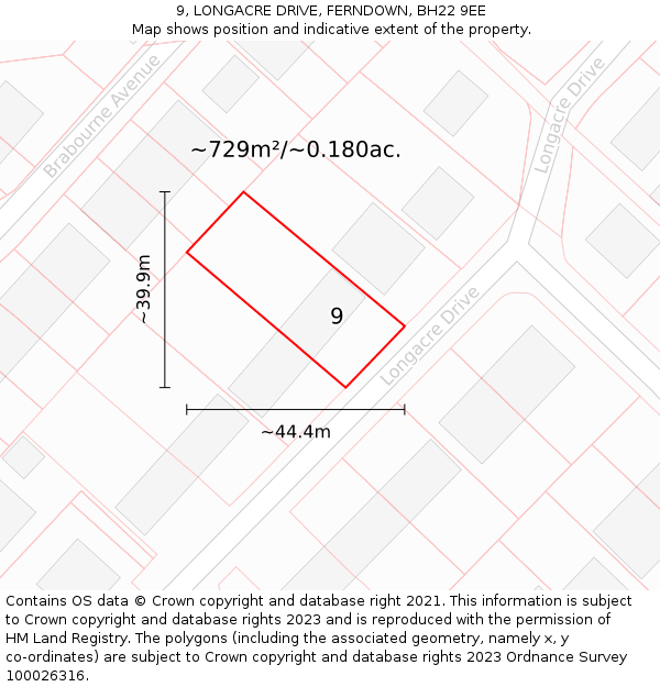 9, LONGACRE DRIVE, FERNDOWN, BH22 9EE: Plot and title map