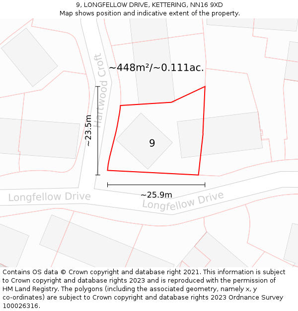 9, LONGFELLOW DRIVE, KETTERING, NN16 9XD: Plot and title map