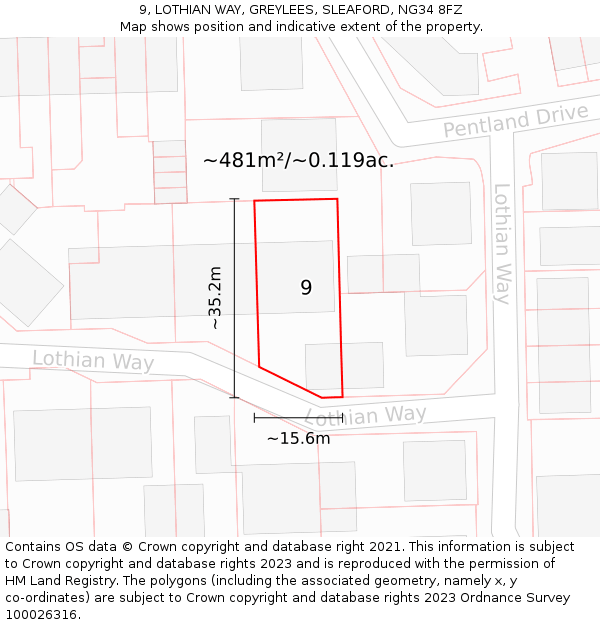 9, LOTHIAN WAY, GREYLEES, SLEAFORD, NG34 8FZ: Plot and title map