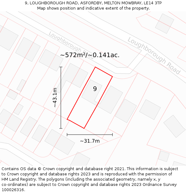 9, LOUGHBOROUGH ROAD, ASFORDBY, MELTON MOWBRAY, LE14 3TP: Plot and title map