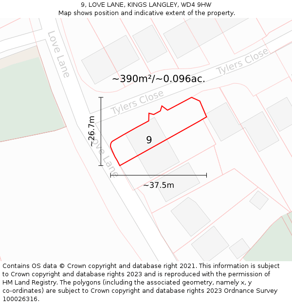 9, LOVE LANE, KINGS LANGLEY, WD4 9HW: Plot and title map