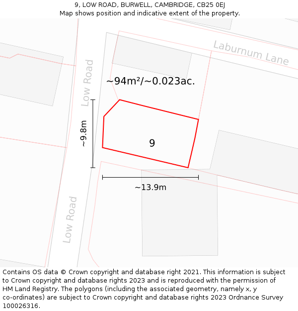 9, LOW ROAD, BURWELL, CAMBRIDGE, CB25 0EJ: Plot and title map