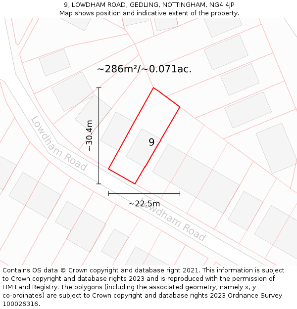 9, LOWDHAM ROAD, GEDLING, NOTTINGHAM, NG4 4JP: Plot and title map