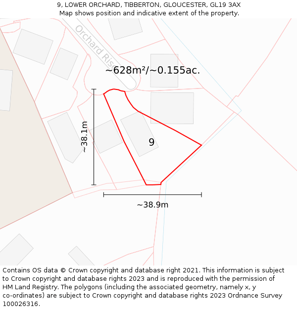 9, LOWER ORCHARD, TIBBERTON, GLOUCESTER, GL19 3AX: Plot and title map