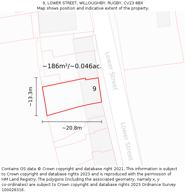 9, LOWER STREET, WILLOUGHBY, RUGBY, CV23 8BX: Plot and title map