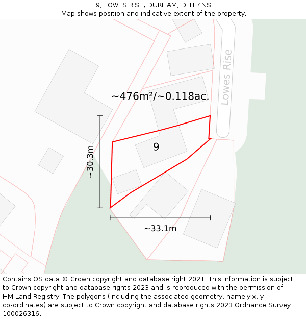 9, LOWES RISE, DURHAM, DH1 4NS: Plot and title map