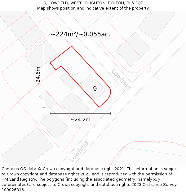 9, LOWFIELD, WESTHOUGHTON, BOLTON, BL5 3QP: Plot and title map