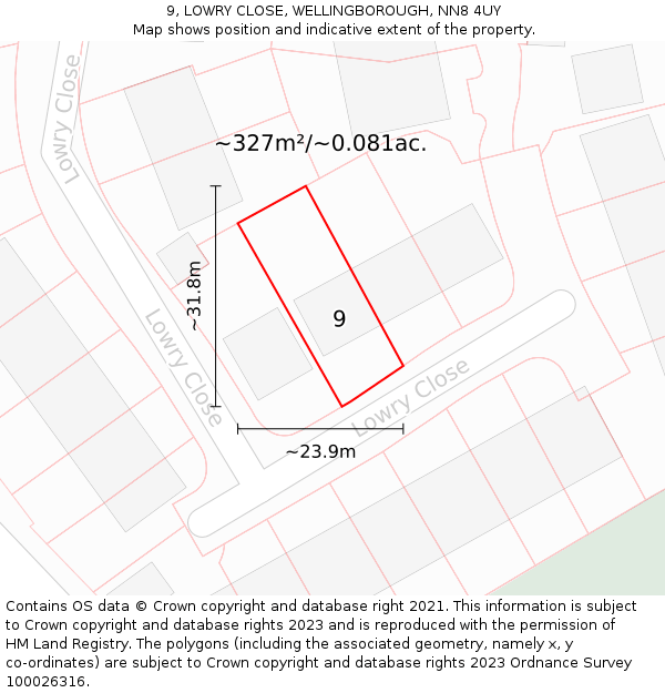 9, LOWRY CLOSE, WELLINGBOROUGH, NN8 4UY: Plot and title map