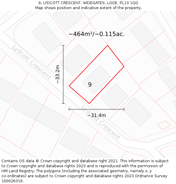 9, LYDCOTT CRESCENT, WIDEGATES, LOOE, PL13 1QG: Plot and title map