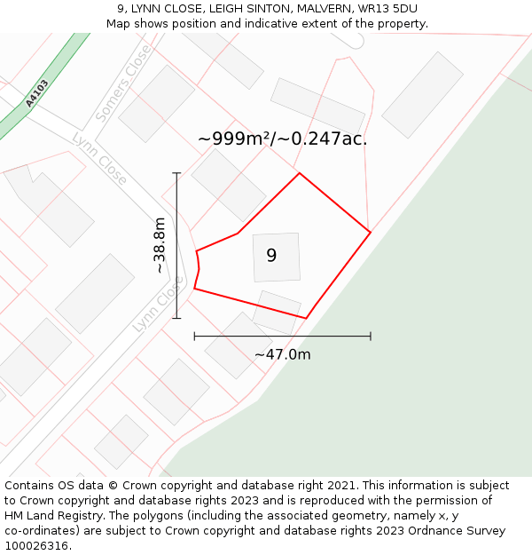 9, LYNN CLOSE, LEIGH SINTON, MALVERN, WR13 5DU: Plot and title map