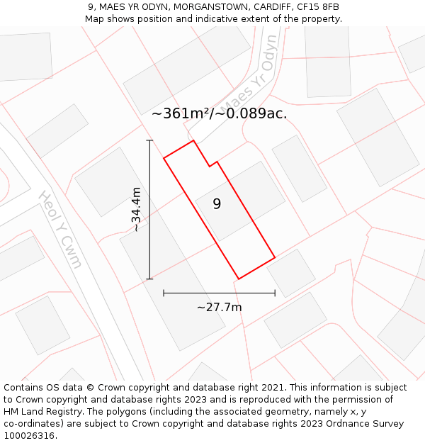 9, MAES YR ODYN, MORGANSTOWN, CARDIFF, CF15 8FB: Plot and title map