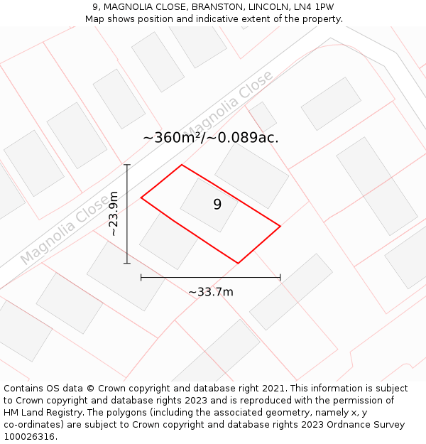 9, MAGNOLIA CLOSE, BRANSTON, LINCOLN, LN4 1PW: Plot and title map