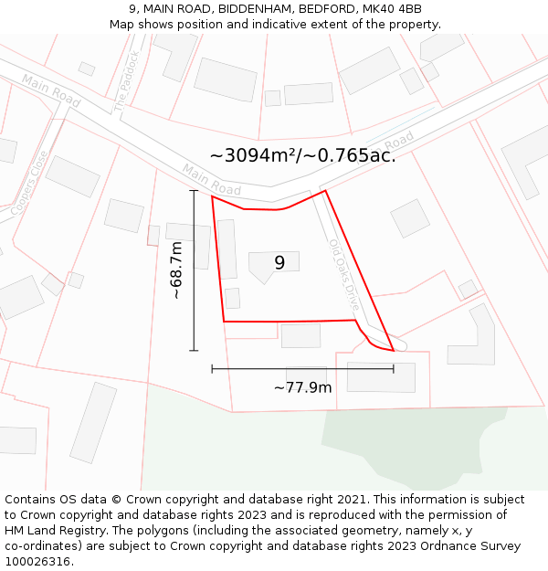 9, MAIN ROAD, BIDDENHAM, BEDFORD, MK40 4BB: Plot and title map