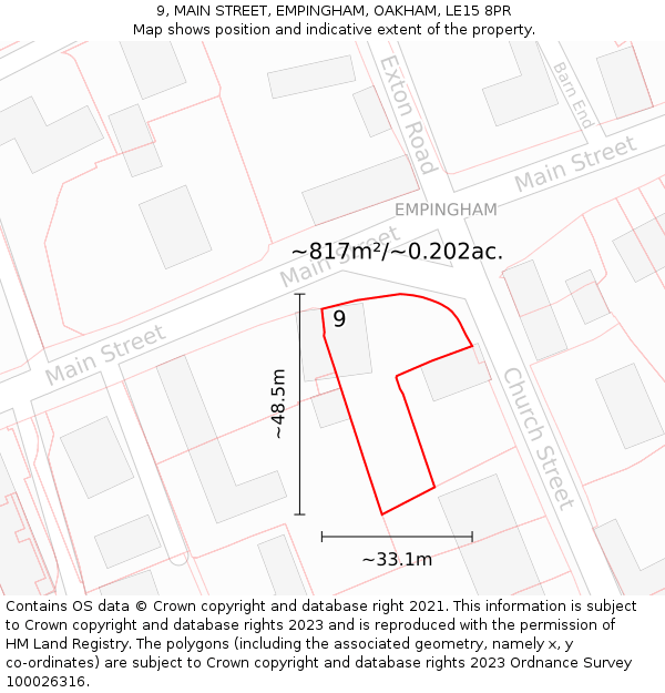 9, MAIN STREET, EMPINGHAM, OAKHAM, LE15 8PR: Plot and title map