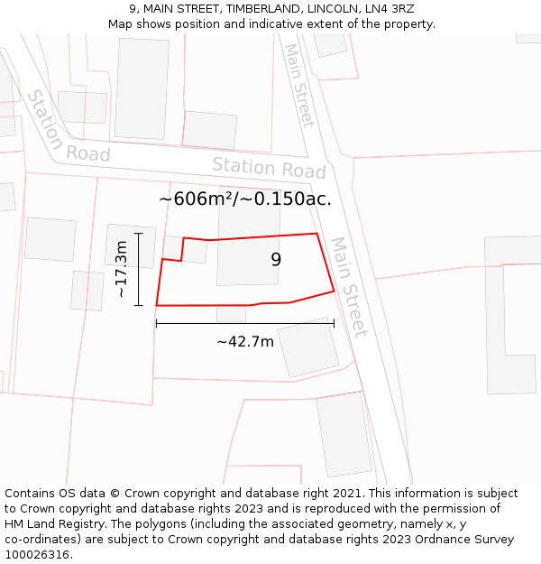 9, MAIN STREET, TIMBERLAND, LINCOLN, LN4 3RZ: Plot and title map