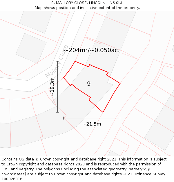 9, MALLORY CLOSE, LINCOLN, LN6 0UL: Plot and title map