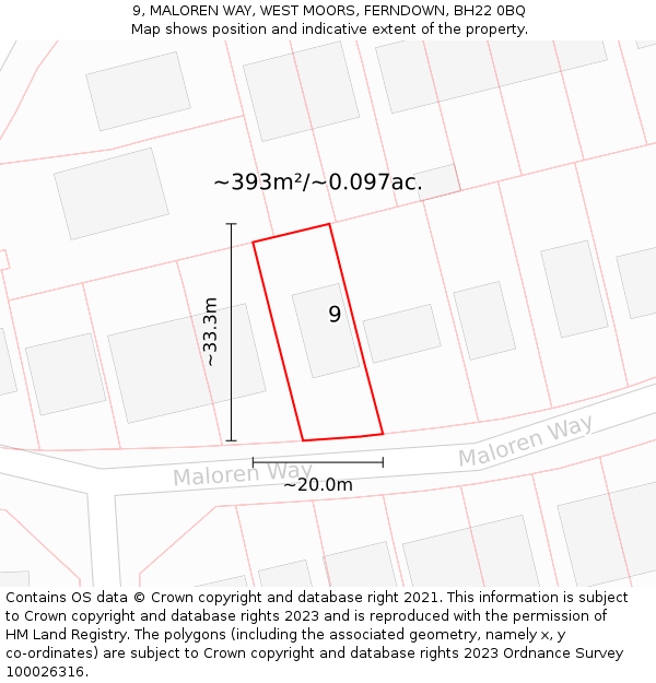 9, MALOREN WAY, WEST MOORS, FERNDOWN, BH22 0BQ: Plot and title map
