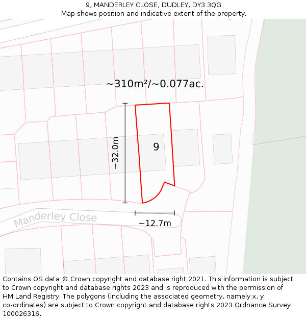 9, MANDERLEY CLOSE, DUDLEY, DY3 3QG: Plot and title map