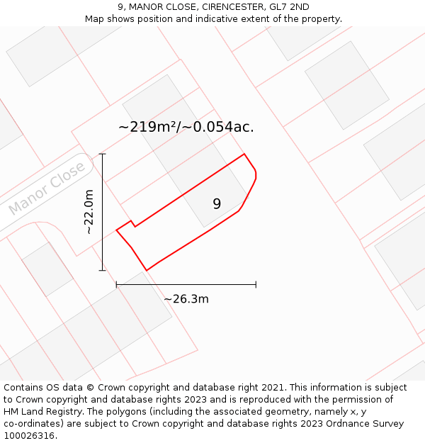 9, MANOR CLOSE, CIRENCESTER, GL7 2ND: Plot and title map