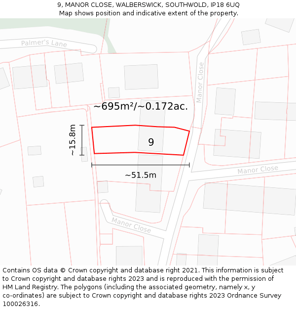 9, MANOR CLOSE, WALBERSWICK, SOUTHWOLD, IP18 6UQ: Plot and title map