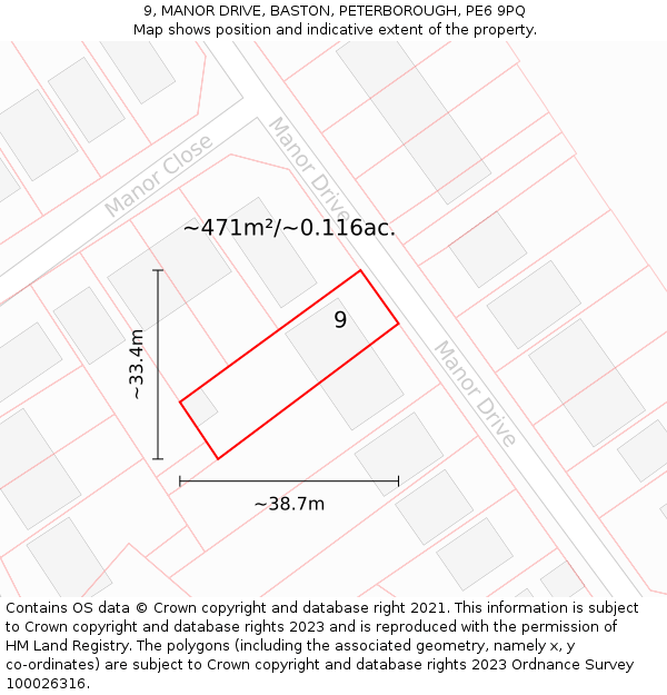 9, MANOR DRIVE, BASTON, PETERBOROUGH, PE6 9PQ: Plot and title map